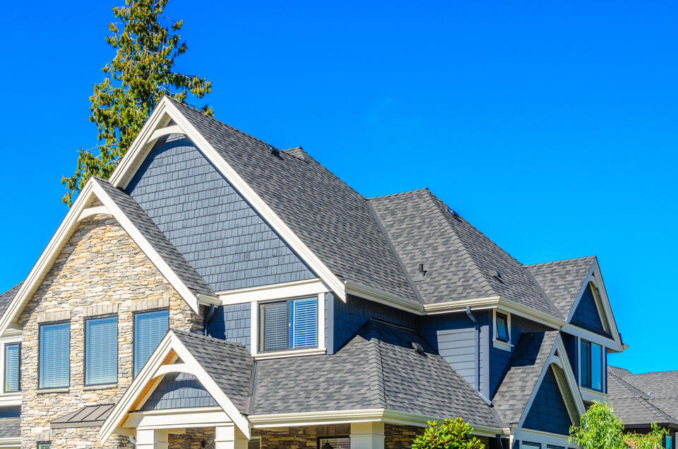 metal roof vs shingles-blue and stone sided house with gray shingle roof