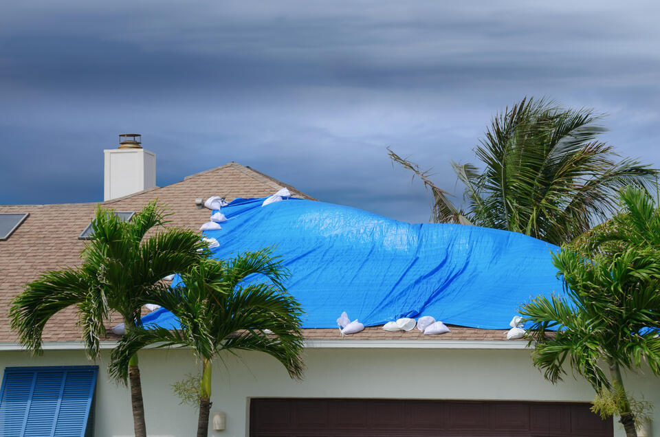 roof leak repair-blue tarps on a roof prior to damage repairs