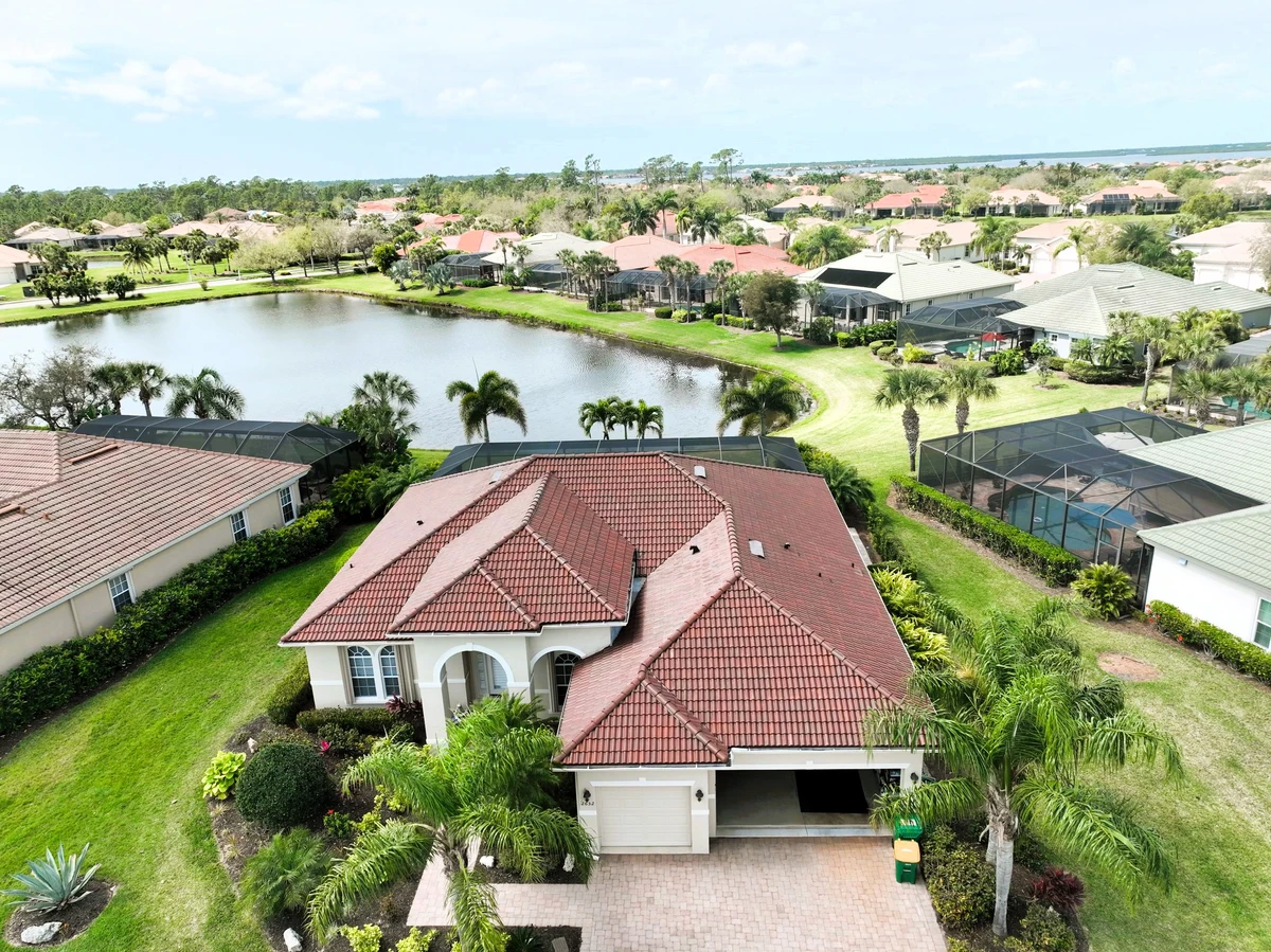 drone view of a new tile roof installed in Orlando, FL