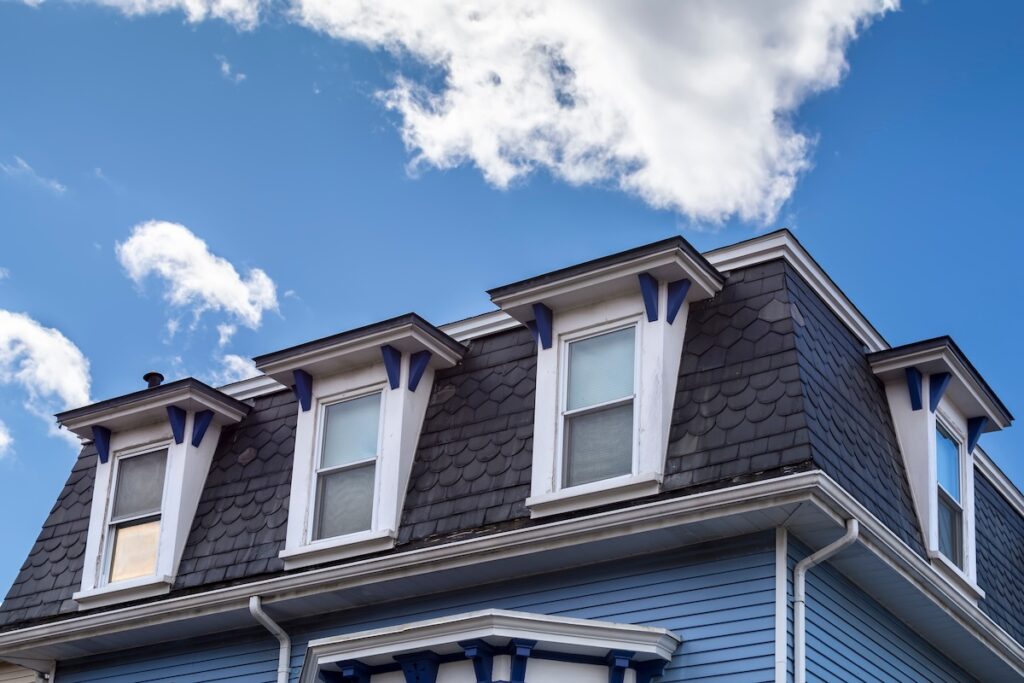 Mansard roof and shed dormers of a single family house, Brighton, Massachusetts, USA