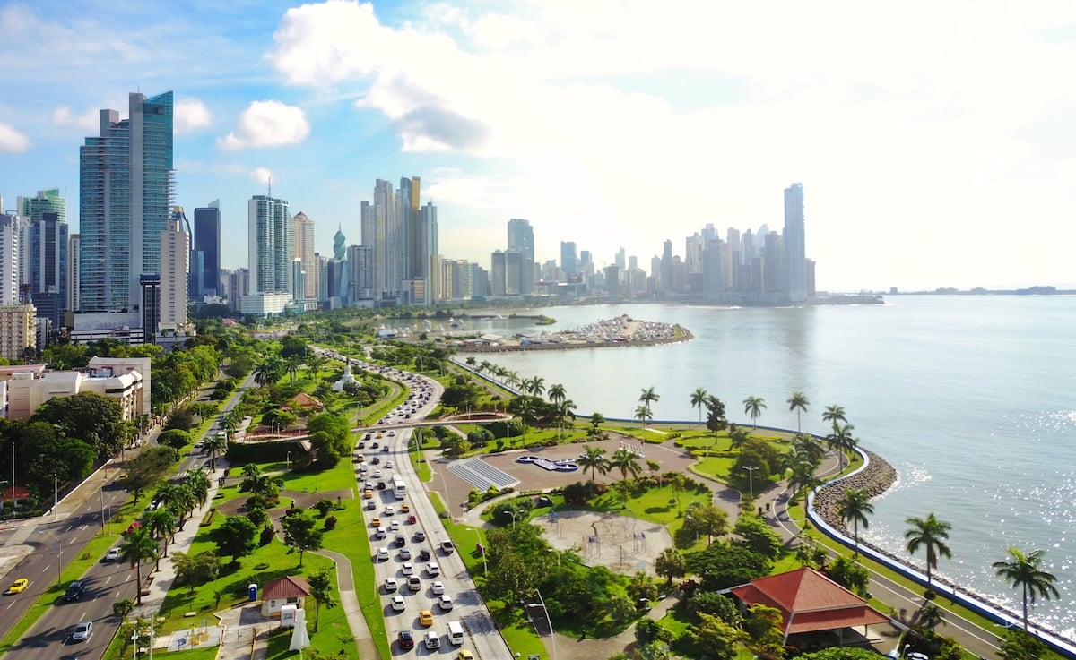 Aerial view of the modern skyline of Panama City , Panama