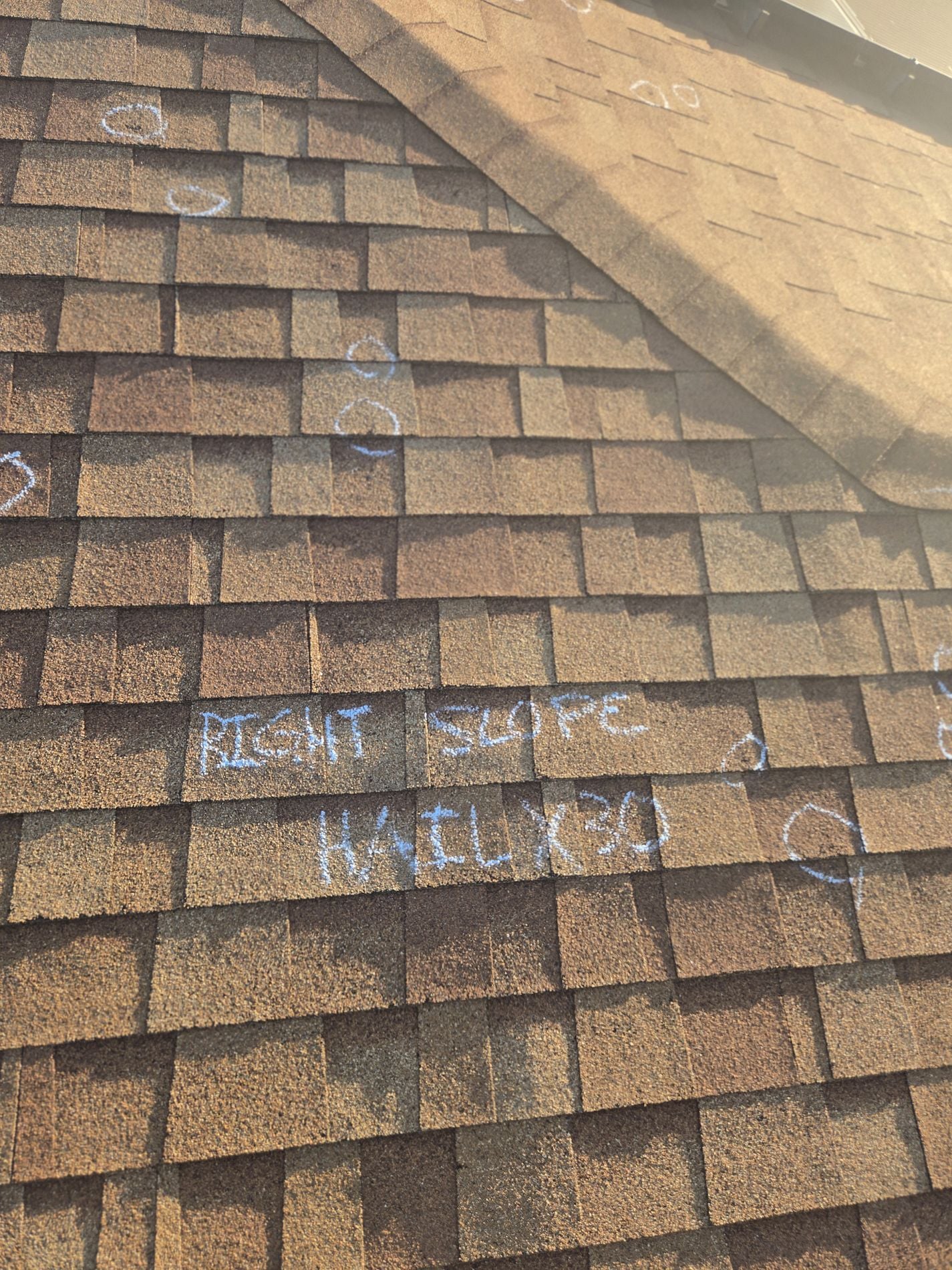 Asphalt shingles marked during a storm damage inspection for an insurance roof replacement