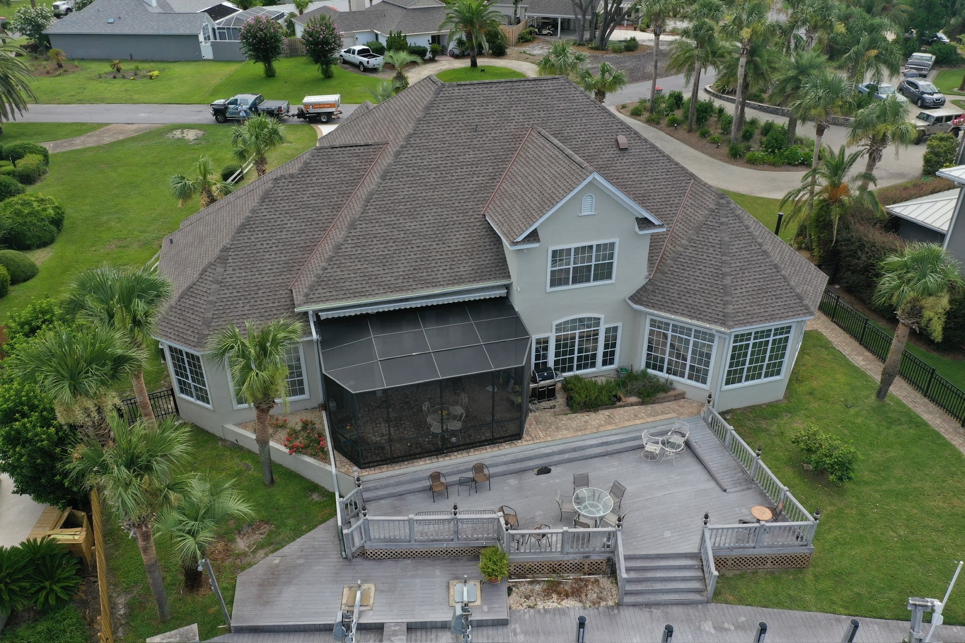 Aerial rear view of a GAF Timberline HDZ architectural shingle roof replacement in Panama City, Florida