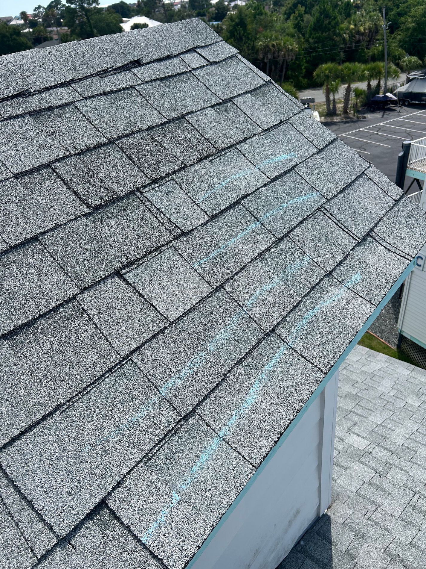 Close-up of asphalt shingles during a commercial roof inspection in Florida