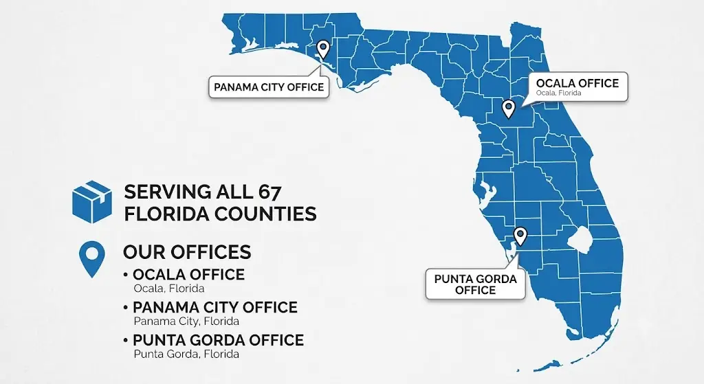 Florida roofing service area map showing offices in Panama City, Ocala, and Punta Gorda