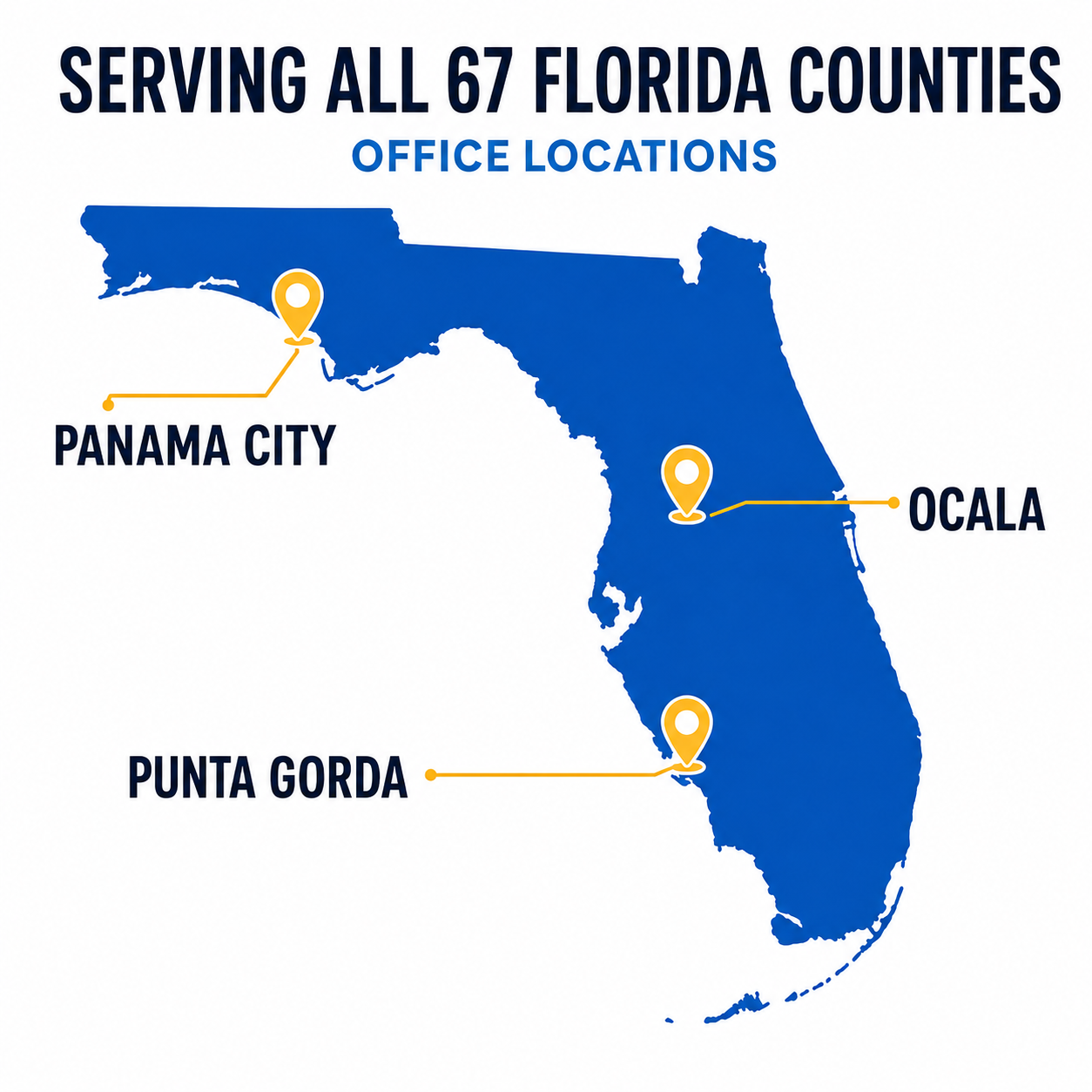 Map of Florida showing Certified Roofing Solutions offices in Panama City, Ocala, and Punta Gorda